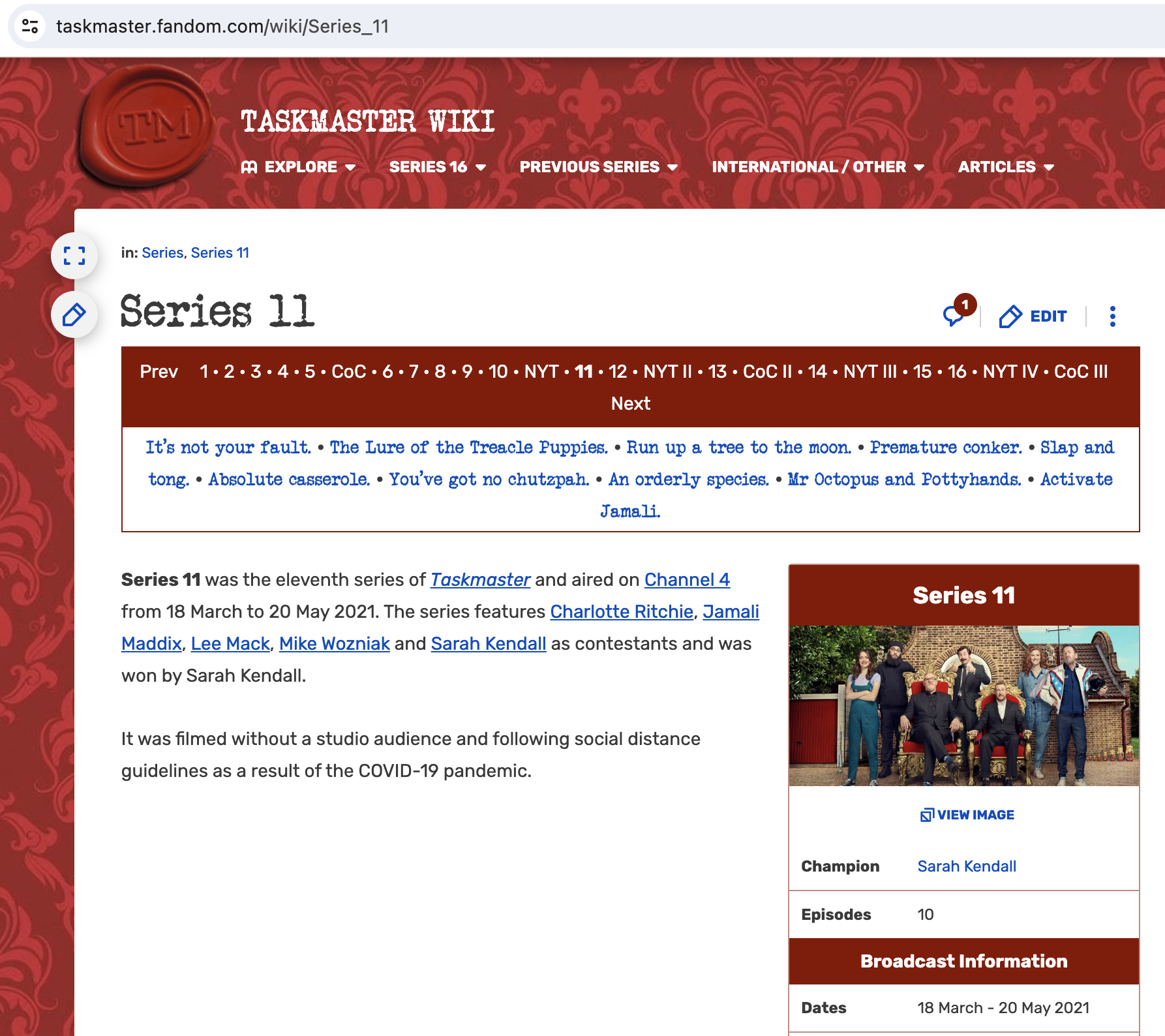 Screenshot of the wiki page for the Taskmaster TV series.